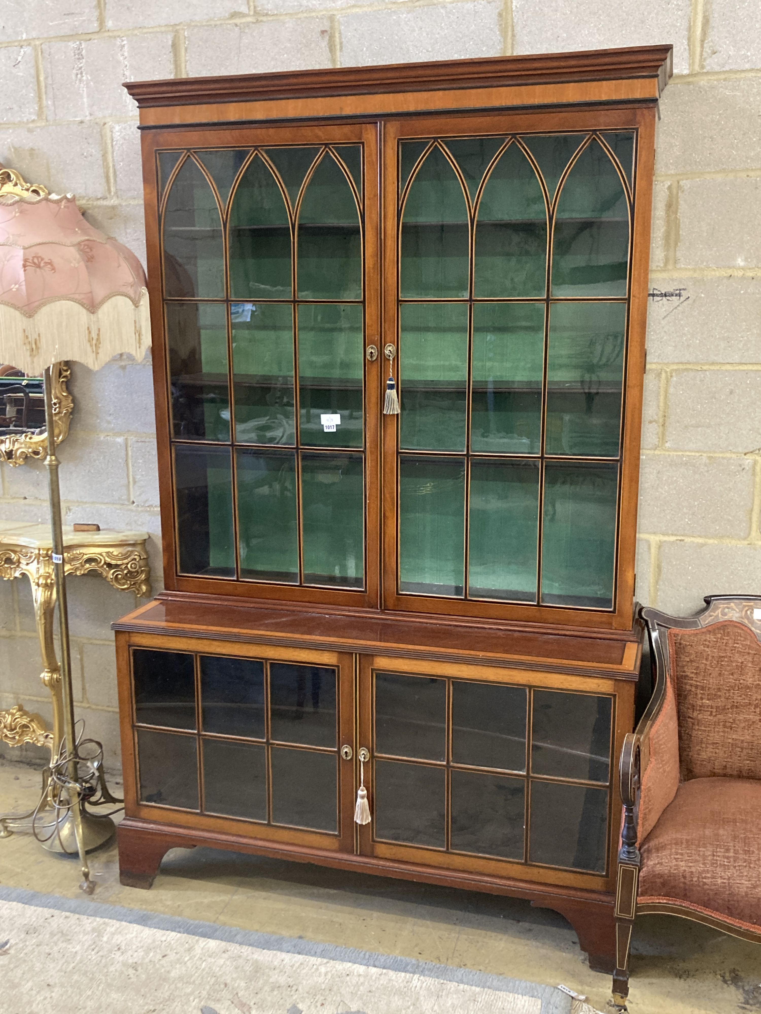 A George III style satinwood and ebony banded mahogany display cabinet, width 132cm, depth 50cm, height 208cm
